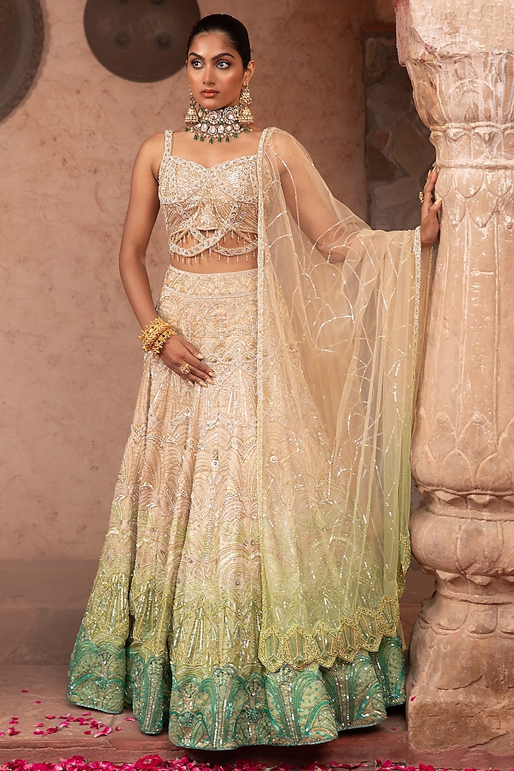 Gold & Green Ombre Organza Sequins Embroidered Bridal Lehenga Set by LAXMISHRIALI at Pernia's Pop Up Shop