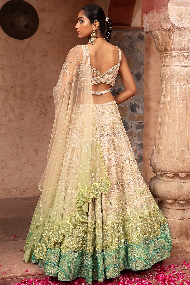 Gold & Green Ombre Organza Sequins Embroidered Bridal Lehenga Set by LAXMISHRIALI at Pernia's Pop Up Shop