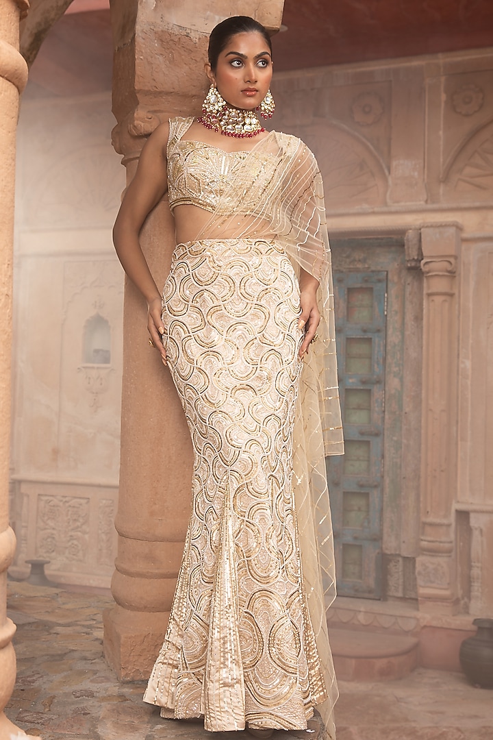 Gold Net & Satin Pearl Embroidered Pre-Stitched Saree Set by LAXMISHRIALI at Pernia's Pop Up Shop