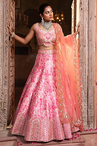 Pink Dupion Sequins Embroidered Lehenga Set by LAXMISHRIALI