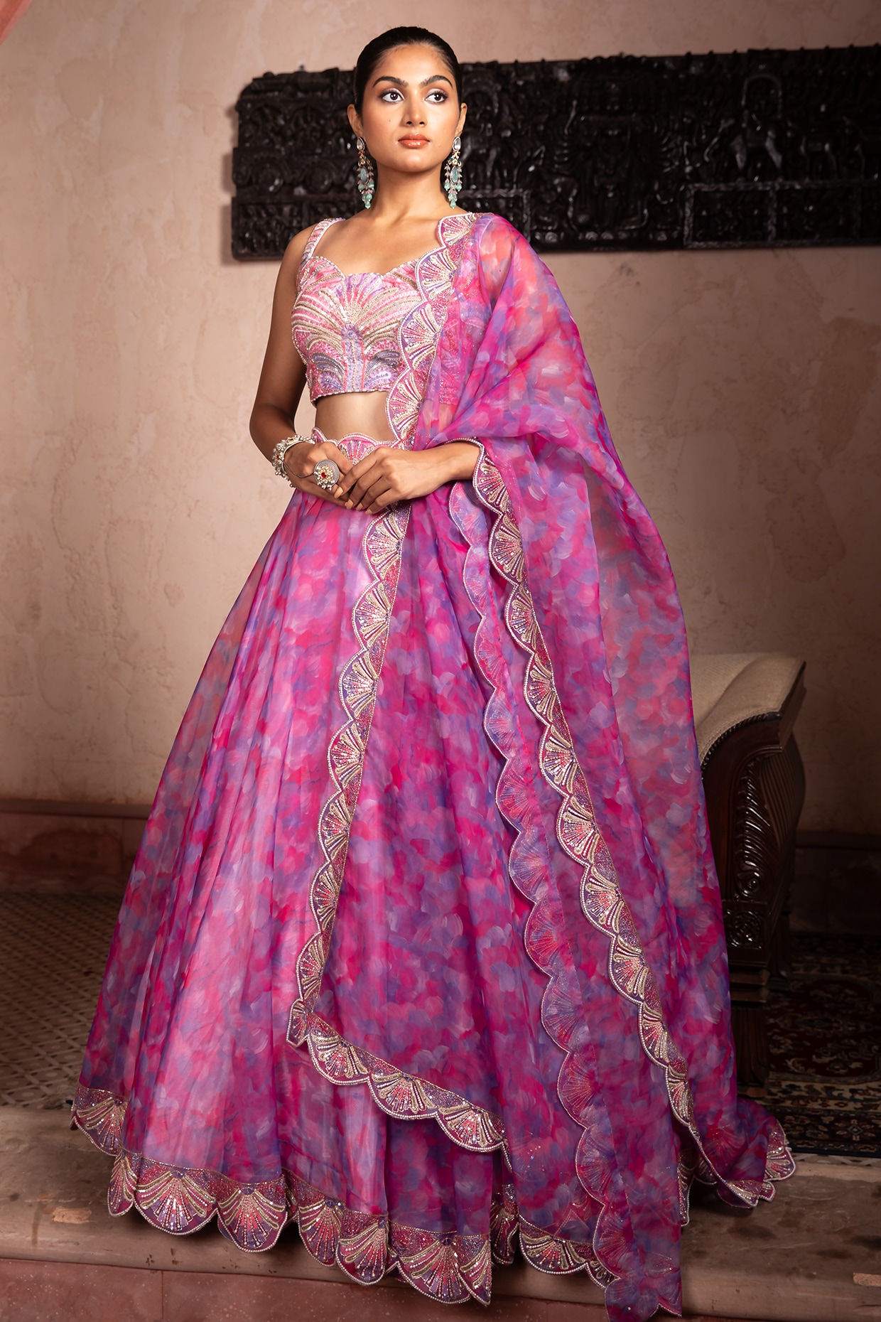 LAXMISHRIALI Pink & Purple Organza Digital Printed Lehenga Set