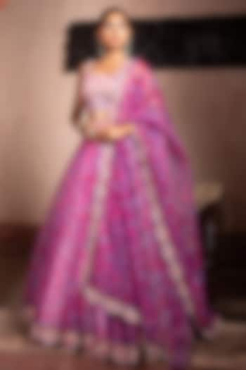 Pink & Purple Organza Digital Printed Wedding Lehenga Set by LAXMISHRIALI at Pernia's Pop Up Shop