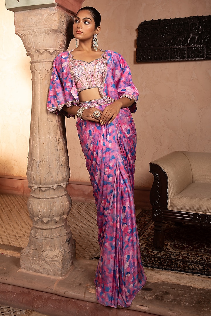 Pink & Blue Satin Georgette Printed Jacket Set by LAXMISHRIALI at Pernia's Pop Up Shop