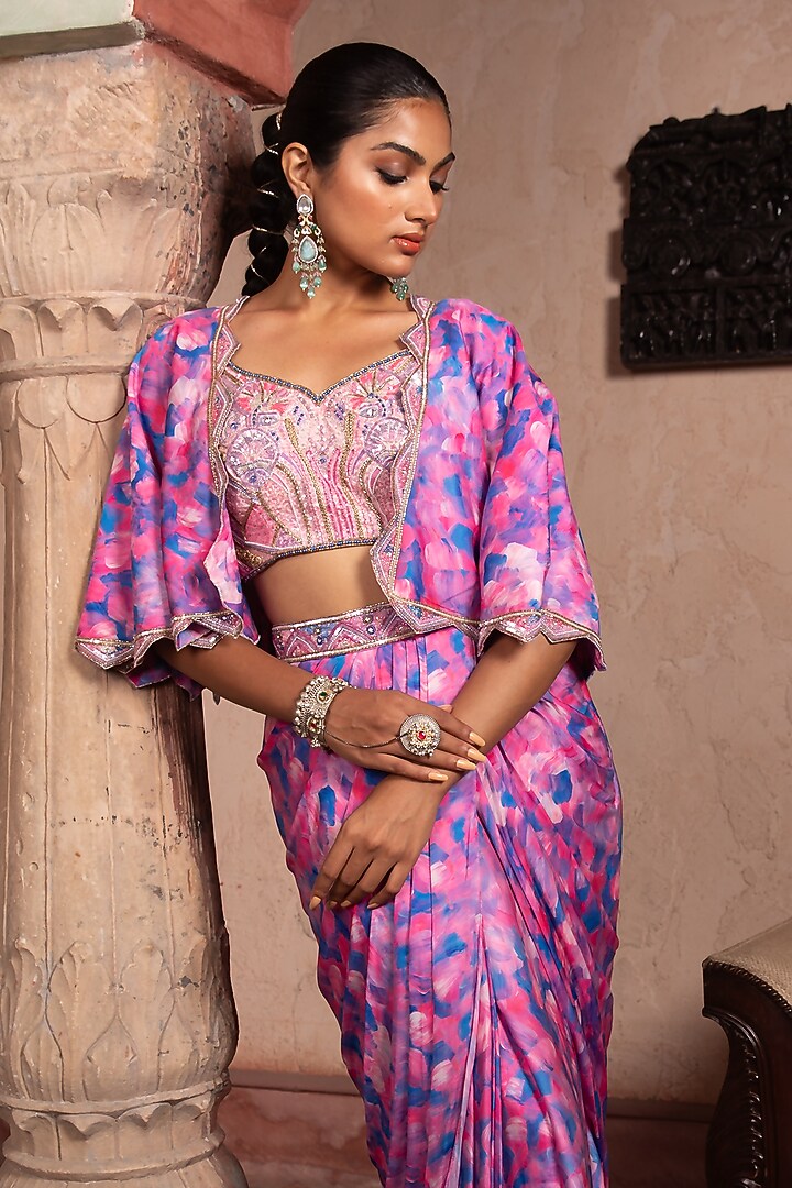 Pink & Blue Satin Georgette Printed Jacket Set by LAXMISHRIALI at Pernia's Pop Up Shop