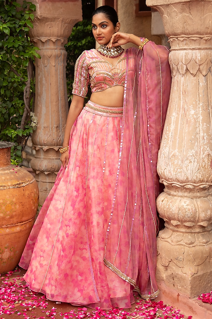 Peach Organza Digital Printed & Embroidered Wedding Lehenga Set by LAXMISHRIALI at Pernia's Pop Up Shop