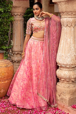 Peach Organza Digital Printed & Embroidered Lehenga Set by LAXMISHRIALI