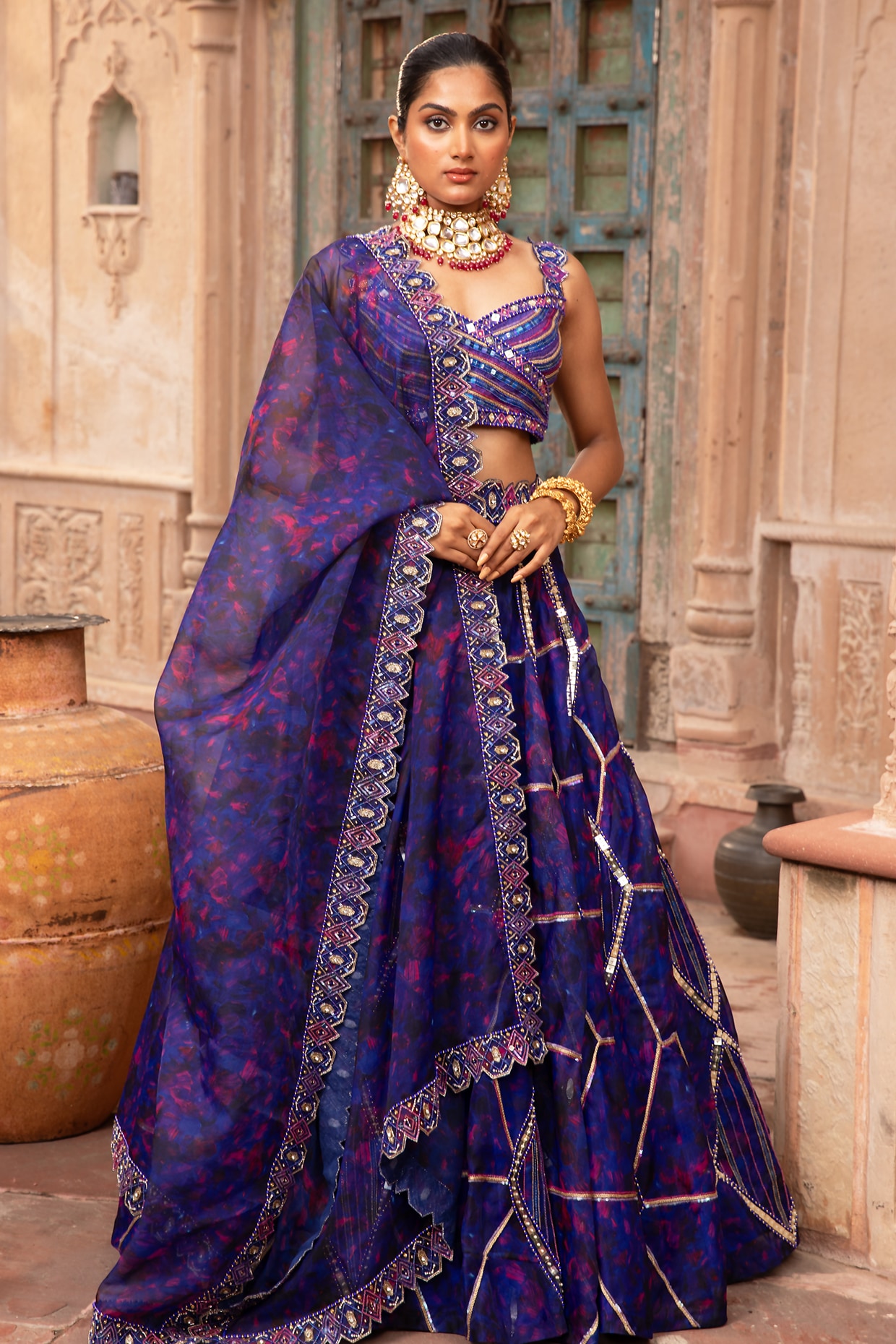 LAXMISHRIALI Blue Organza Digital Printed & Embroidered Lehenga Set