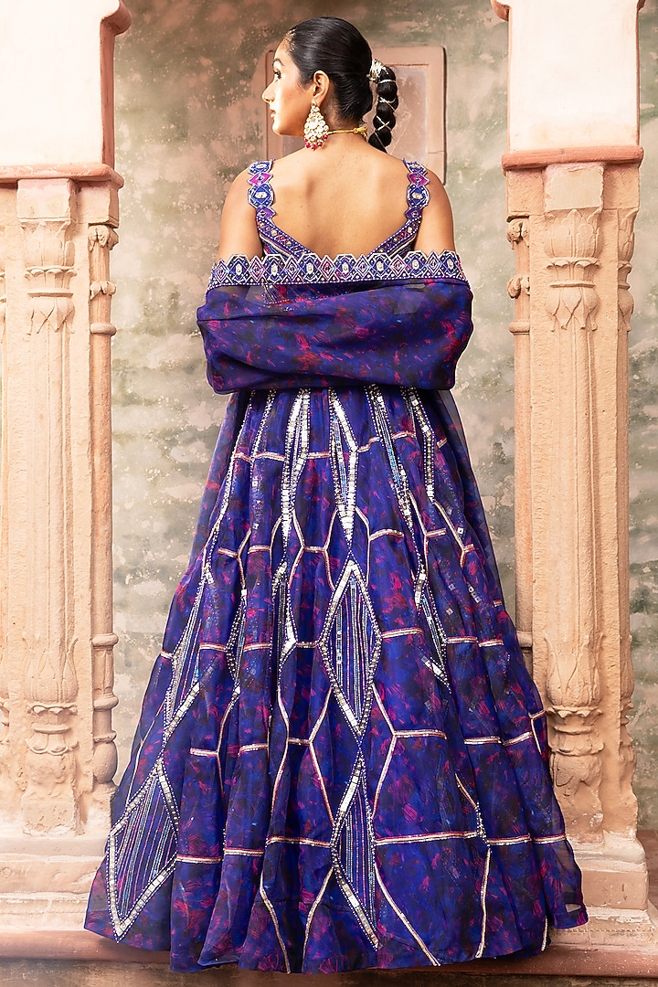Blue Organza Digital Printed & Embroidered Wedding Lehenga Set by LAXMISHRIALI at Pernia's Pop Up Shop