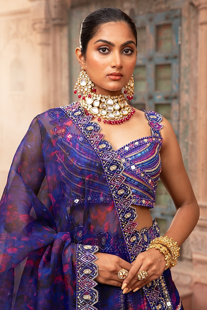 Blue Organza Digital Printed & Embroidered Wedding Lehenga Set by LAXMISHRIALI at Pernia's Pop Up Shop