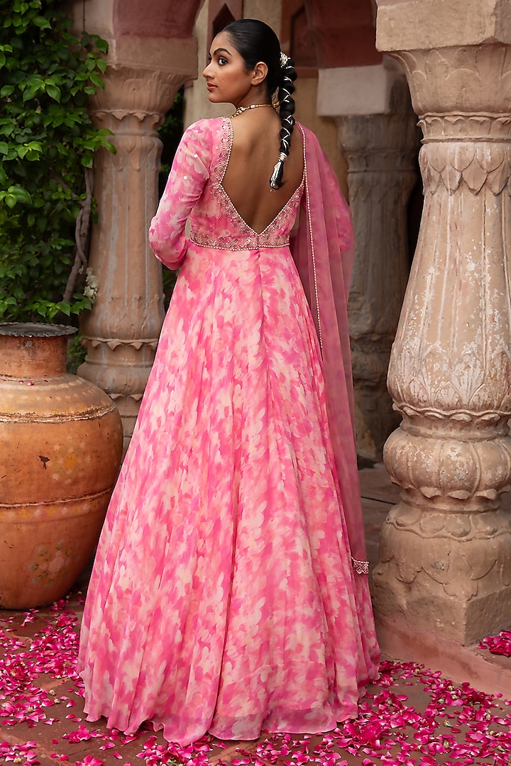 Peach Georgette Digital Printed Party Wear Anarkali Set by LAXMISHRIALI at Pernia's Pop Up Shop