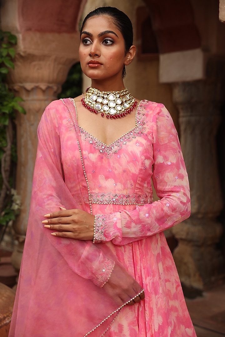 Peach Georgette Digital Printed Party Wear Anarkali Set by LAXMISHRIALI at Pernia's Pop Up Shop