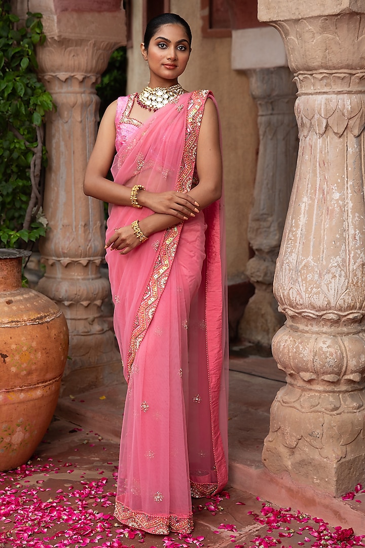 Peach Net 3D Sequins Embroidered Saree Set by LAXMISHRIALI at Pernia's Pop Up Shop