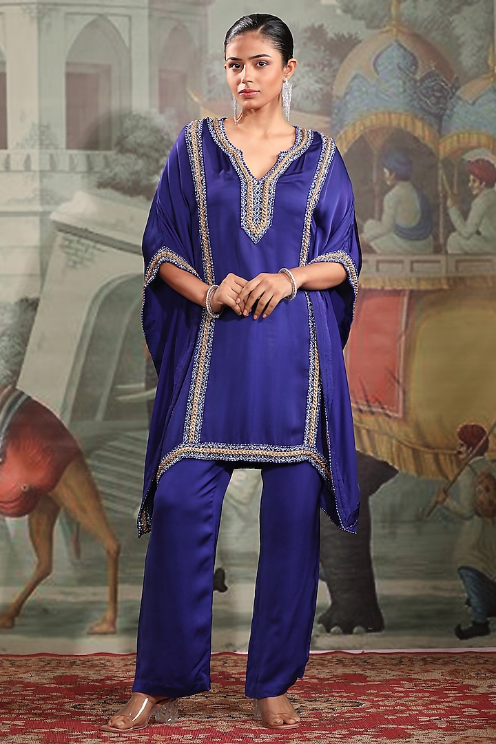 Electric Blue Crepe Satin Embroidered Kaftan Set by LAXMISHRIALI at Pernia's Pop Up Shop