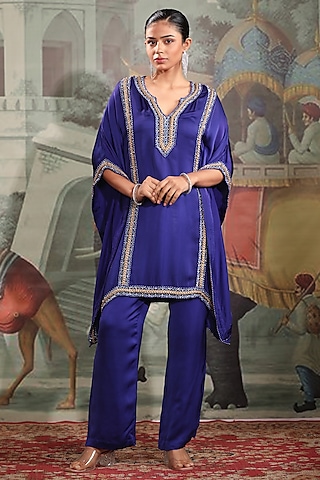 Electric Blue Crepe Satin Embroidered Kaftan Set by LAXMISHRIALI