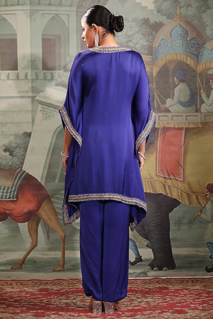 Electric Blue Crepe Satin Embroidered Kaftan Set by LAXMISHRIALI at Pernia's Pop Up Shop