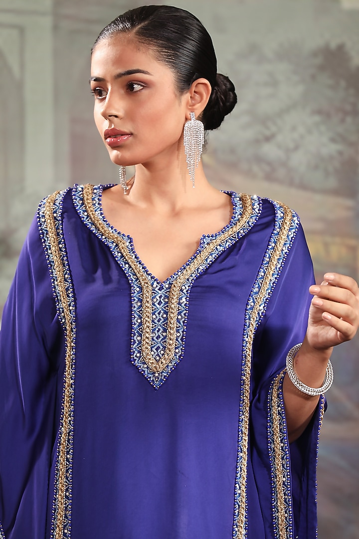 Electric Blue Crepe Satin Embroidered Kaftan Set by LAXMISHRIALI at Pernia's Pop Up Shop