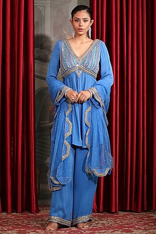Blue Crepe Georgette Sequins Embroidered Peplum Kurta Set by LAXMISHRIALI