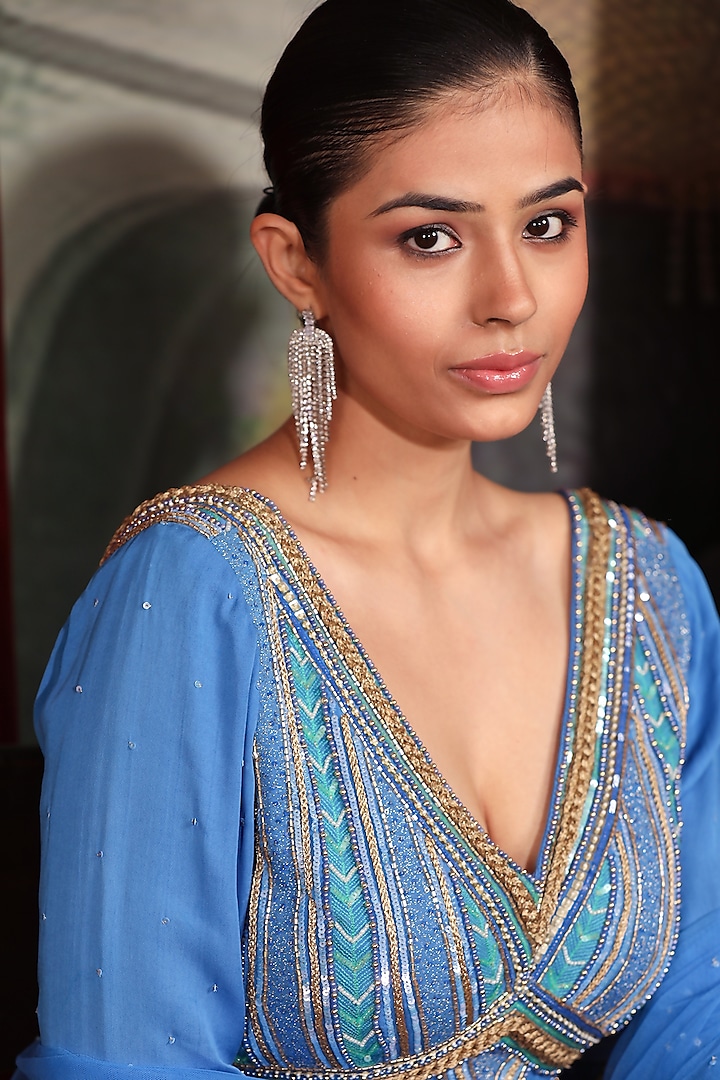 Blue Crepe Georgette Sequins Embroidered Peplum Kurta Set by LAXMISHRIALI at Pernia's Pop Up Shop