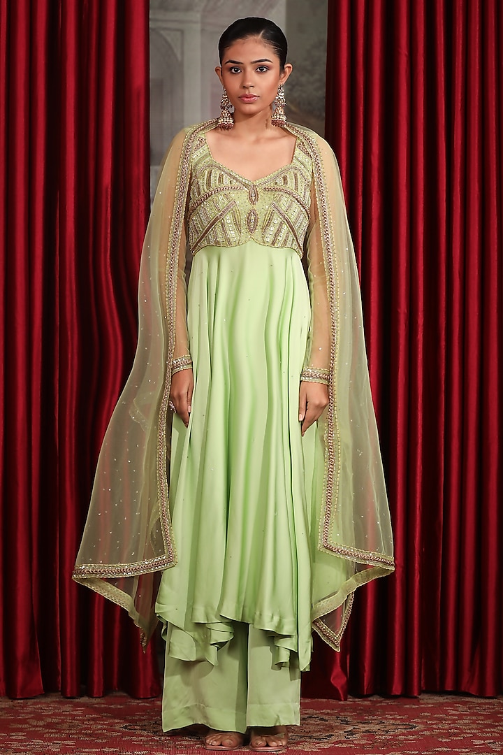 Mint Green Crepe Satin 3D Sequins Embroidered Kurta Set by LAXMISHRIALI at Pernia's Pop Up Shop