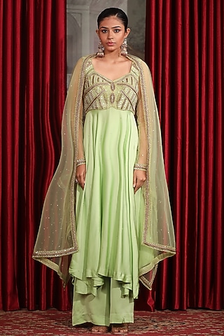 Mint Green Crepe Satin 3D Sequins Embroidered Kurta Set by LAXMISHRIALI