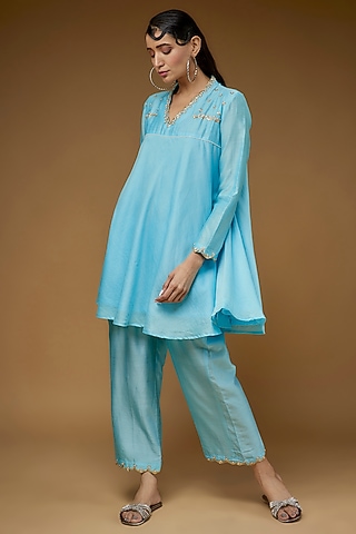 Sky Blue Pure Chanderi Silk Co-Ord Set by LAYA GONUGUNTLA