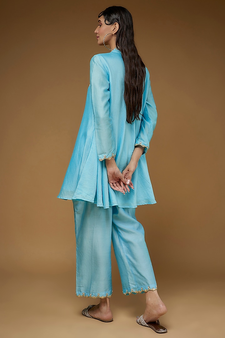 Sky Blue Pure Chanderi Silk Co-Ord Set by LAYA GONUGUNTLA at Pernia's Pop Up Shop