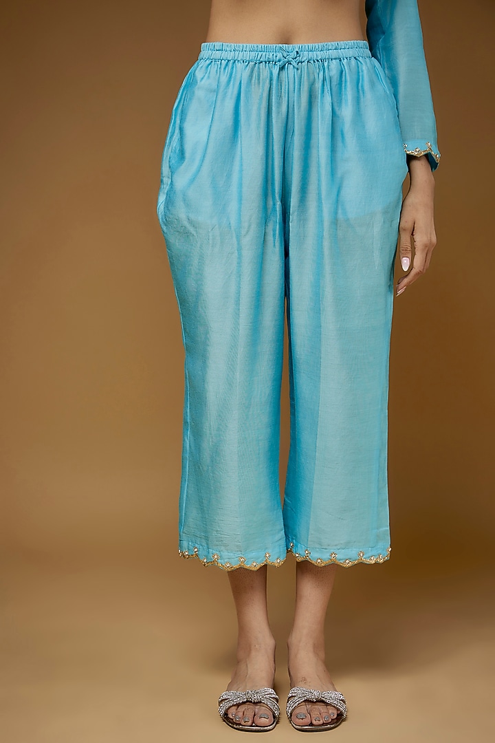 Sky Blue Pure Chanderi Silk Co-Ord Set by LAYA GONUGUNTLA at Pernia's Pop Up Shop