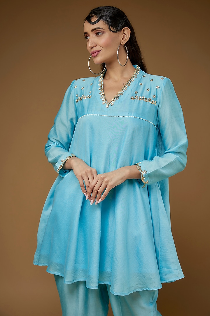 Sky Blue Pure Chanderi Silk Co-Ord Set by LAYA GONUGUNTLA at Pernia's Pop Up Shop