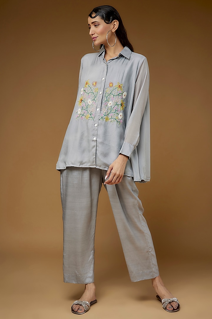 Grey Habutai Silk Embroidered Co-Ord Set by LAYA GONUGUNTLA