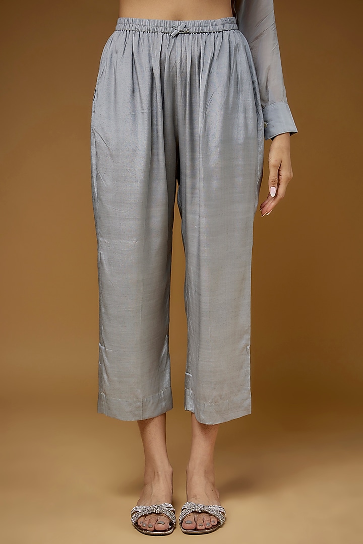 Grey Habutai Silk Embroidered Co-Ord Set by LAYA GONUGUNTLA at Pernia's Pop Up Shop