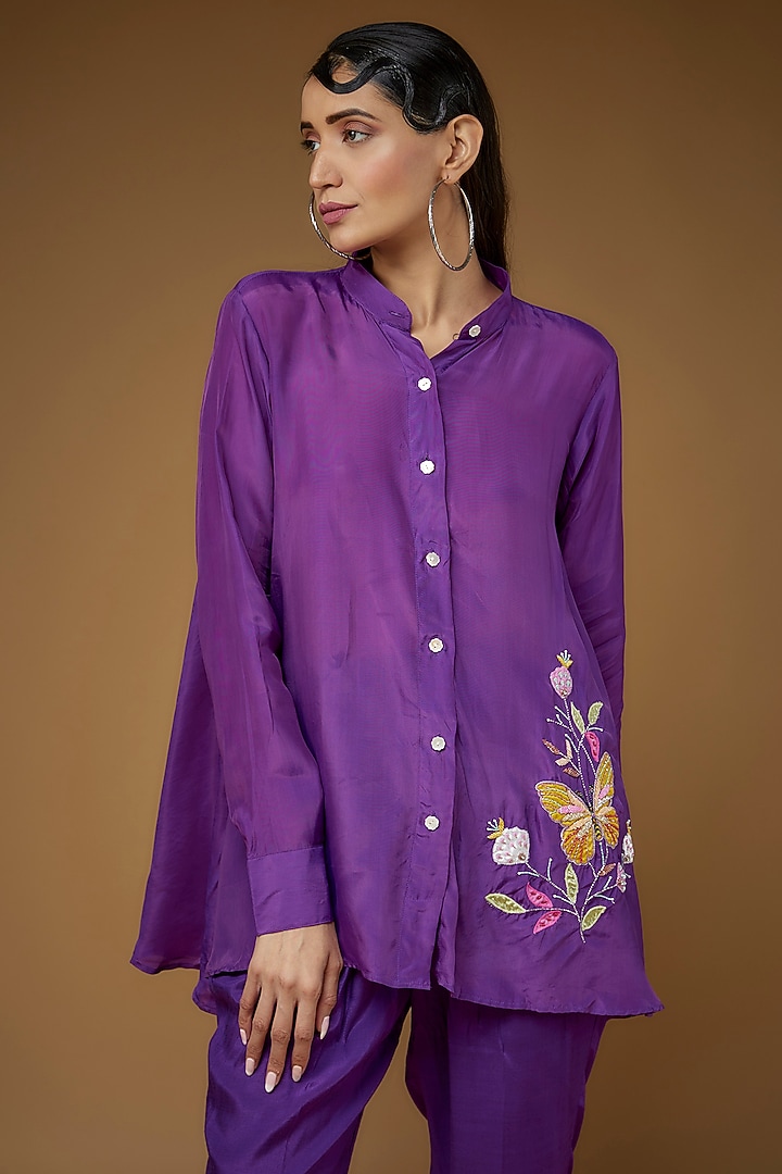 Purple Habutai Silk Embroidered Co-Ord Set by LAYA GONUGUNTLA at Pernia's Pop Up Shop