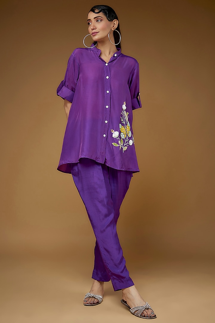 Purple Habutai Silk Embroidered Co-Ord Set by LAYA GONUGUNTLA