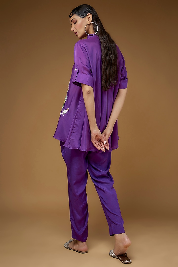 Purple Habutai Silk Embroidered Co-Ord Set by LAYA GONUGUNTLA at Pernia's Pop Up Shop