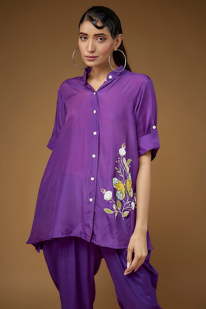 Purple Habutai Silk Embroidered Co-Ord Set by LAYA GONUGUNTLA at Pernia's Pop Up Shop