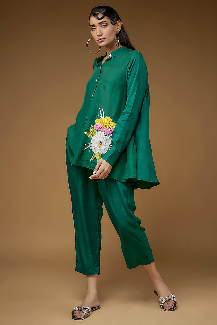 Dark Green Habutai Silk Embroidered Co-Ord Set by LAYA GONUGUNTLA