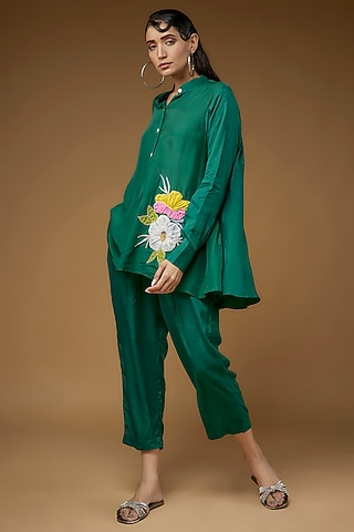 Dark Green Habutai Silk Embroidered Co-Ord Set by LAYA GONUGUNTLA
