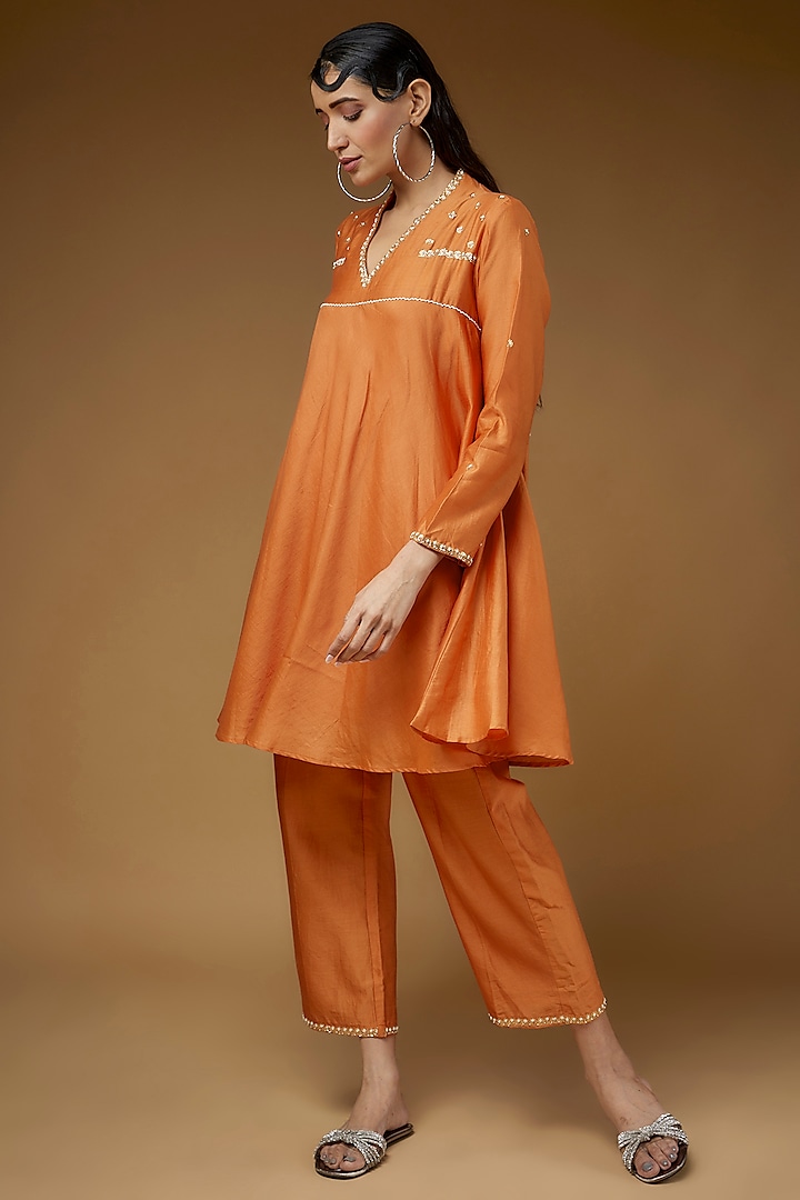 Orange Pure Chanderi Silk Embroidered Co-Ord Set by LAYA GONUGUNTLA