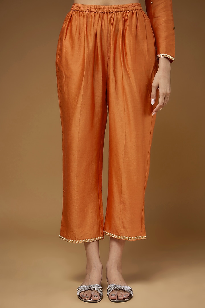 Orange Pure Chanderi Silk Embroidered Co-Ord Set by LAYA GONUGUNTLA at Pernia's Pop Up Shop