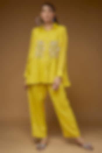 Yellow Pure Habutai Silk Embroidered Co-Ord Set by LAYA GONUGUNTLA