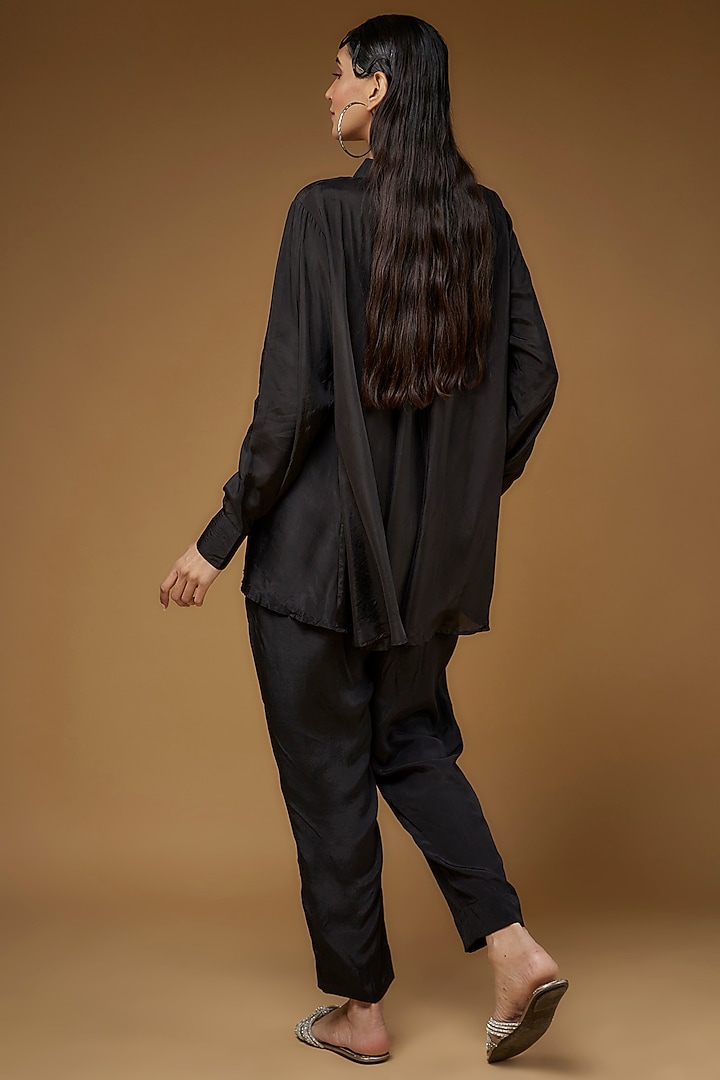 Black Pure Habutai Silk Embroidered Co-Ord Set by LAYA GONUGUNTLA at Pernia's Pop Up Shop