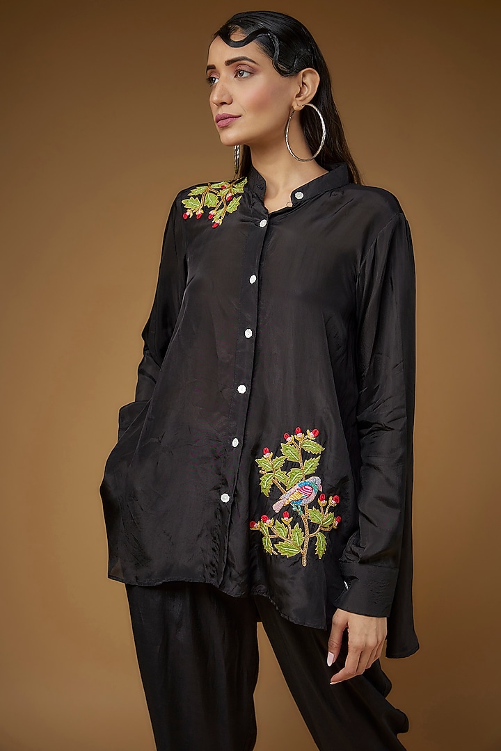 Black Pure Habutai Silk Embroidered Co-Ord Set by LAYA GONUGUNTLA at Pernia's Pop Up Shop