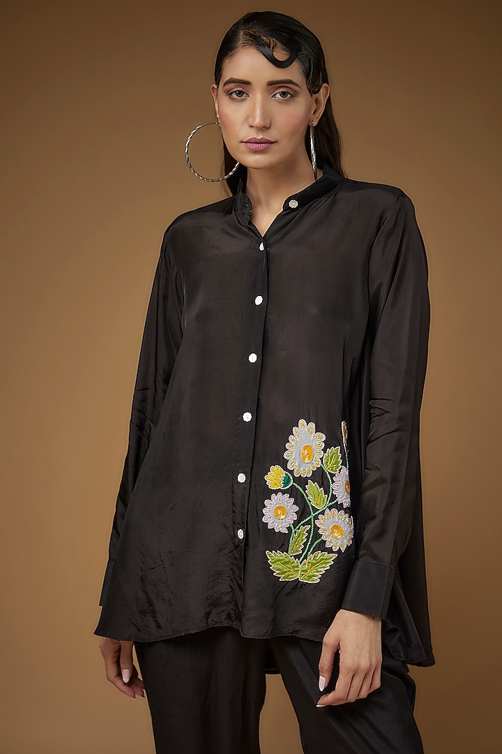 Black Pure Habutai Silk Embroidered Co-Ord Set by LAYA GONUGUNTLA at Pernia's Pop Up Shop