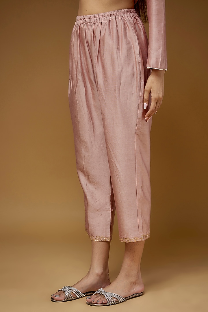 Dusky Pink Pure Chanderi Silk Embroidered A-Line Kurta Set by LAYA GONUGUNTLA at Pernia's Pop Up Shop