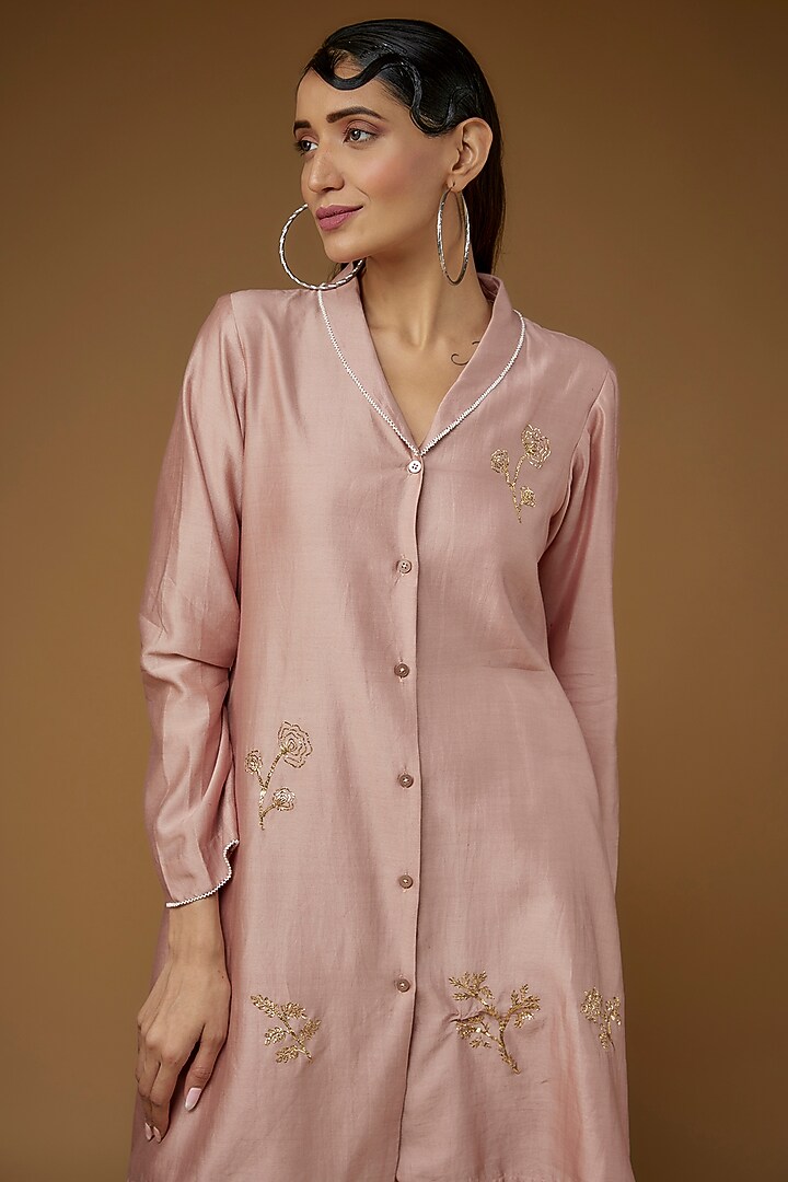 Dusky Pink Pure Chanderi Silk Embroidered A-Line Kurta Set by LAYA GONUGUNTLA at Pernia's Pop Up Shop