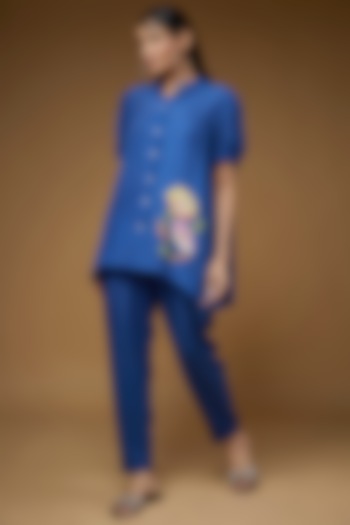 Blue Pure Habutai Silk Embroidered Co-Ord Set by LAYA GONUGUNTLA