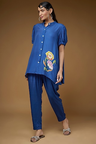 Blue Pure Habutai Silk Embroidered Co-Ord Set by LAYA GONUGUNTLA