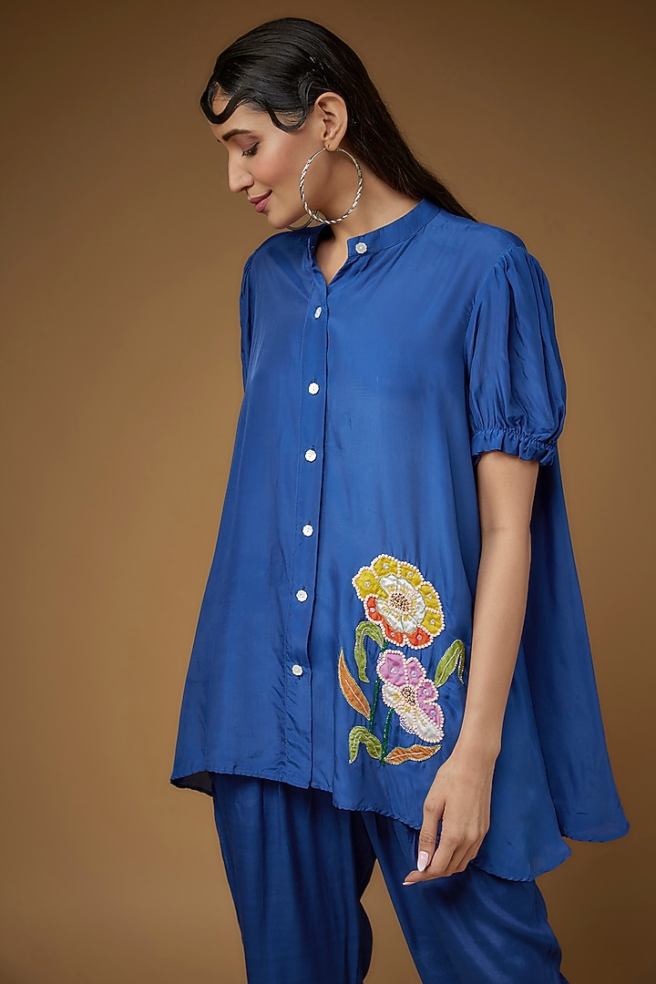 Blue Pure Habutai Silk Embroidered Co-Ord Set by LAYA GONUGUNTLA at Pernia's Pop Up Shop