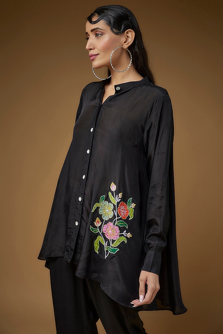Black Pure Habutai Silk Embroidered Co-Ord Set by LAYA GONUGUNTLA at Pernia's Pop Up Shop