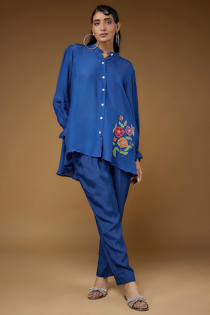 Blue Pure Habutai Silk Embroidered Co-Ord Set by LAYA GONUGUNTLA