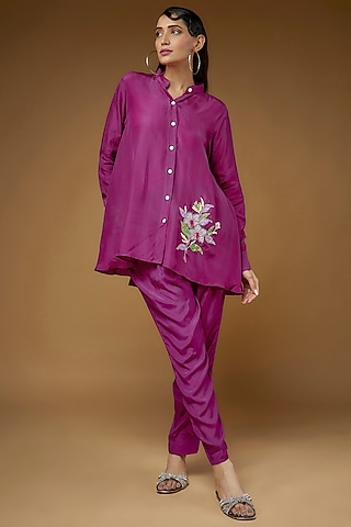 Pink Pure Habutai Silk Embroidered Co-Ord Set by LAYA GONUGUNTLA